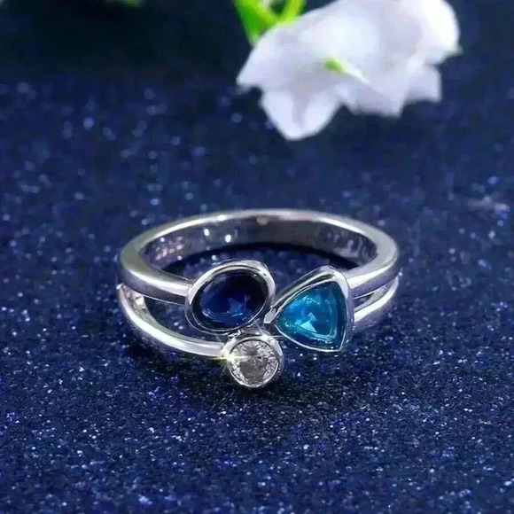 New Sterling Silver Blue Sapphire Aquamarine Diamond Ring - Picture 2 of 7